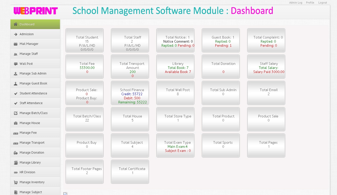 webprint school management software module dashboard